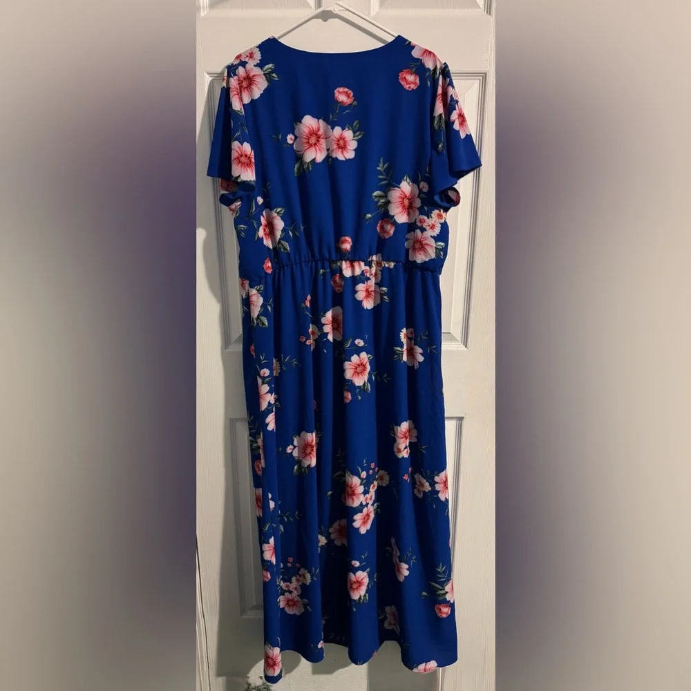Vibrant Floral Dress 18/20 Blue & Botanical Pinks Faux-wrap Midi - Picture 4 of 11